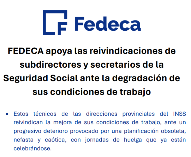 FEDECA apoya las reivindicaciones de subdirectores y secretarios de la Seguridad Social ante la degradación de sus condiciones de trabajo